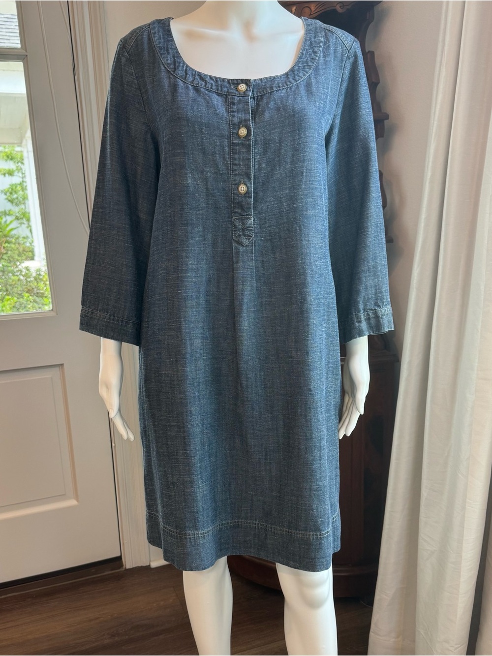 J. Jill Lyocell Tencel Linen Blend Chambray Blue Shift Dress with Pockets M